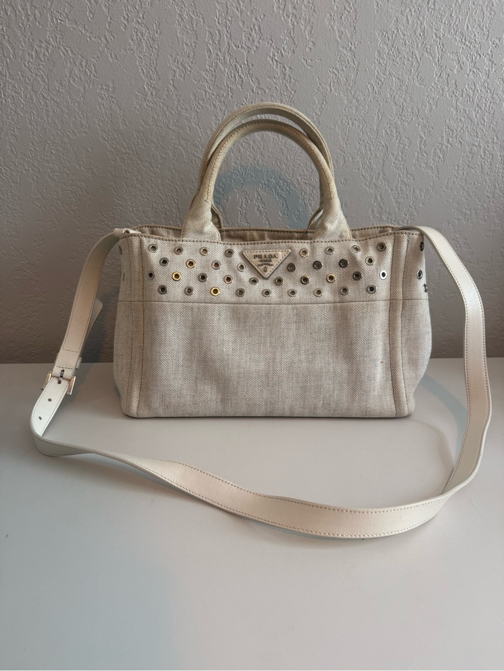 Vintage Prada Cream Canvas Satchel with Eyelet Detail and Leather Strap